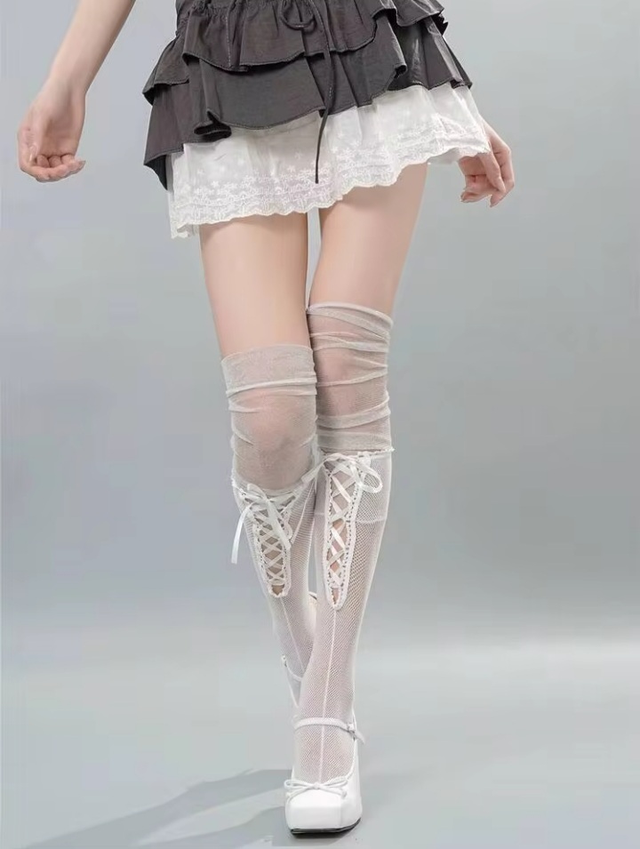 Women’s White Sheer Mesh Lace-Up Thigh-High Leg Warmers with Ruched Knee Detail